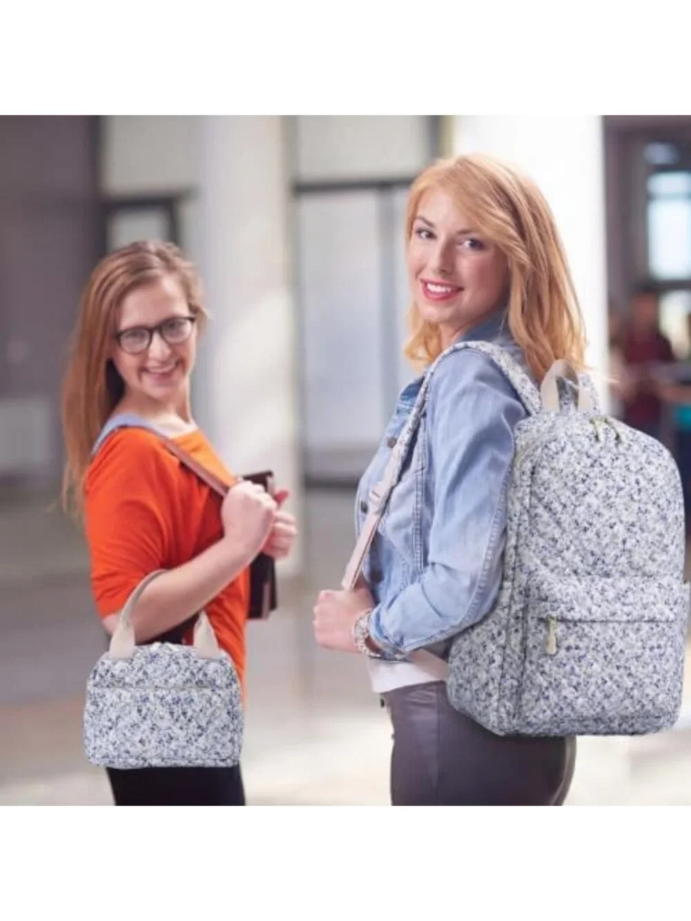 Floral Dark Blue Quilted Backpack Set - 3 Stylish Bags for School & Travel